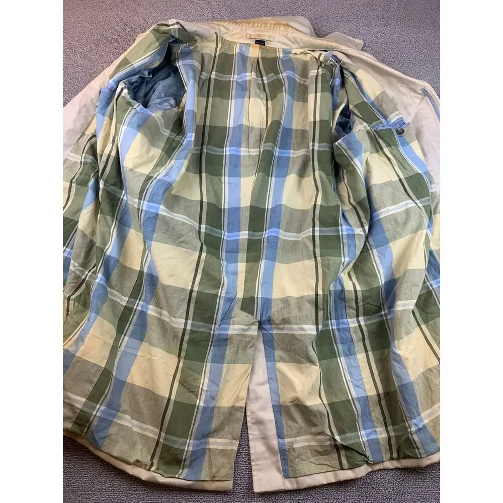 J. Crew Men's XL Beige Green Blue Full Length Checkered Plaid Lined Rain Coat‎